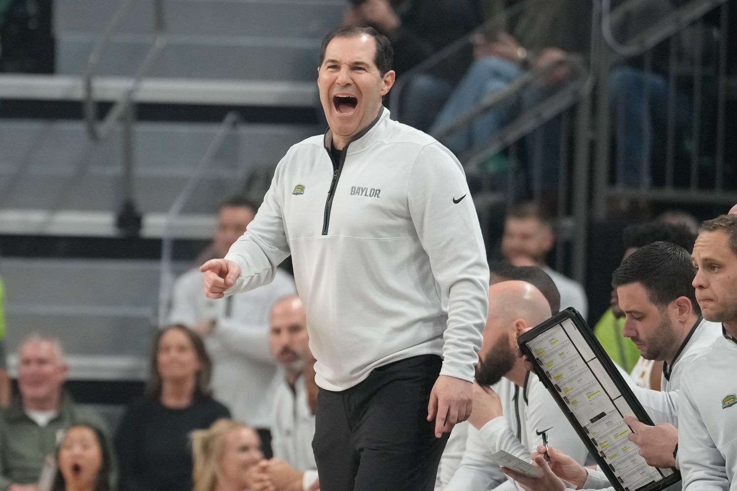 Jan 2, 2024; Waco, Texas, USA; Baylor Bears head coach Scott Drew reacts to a play against the Cornell Big Red during the first half at Paul and Alejandra Foster Pavilion. Mandatory Credit: Chris Jones-USA TODAY Sports  